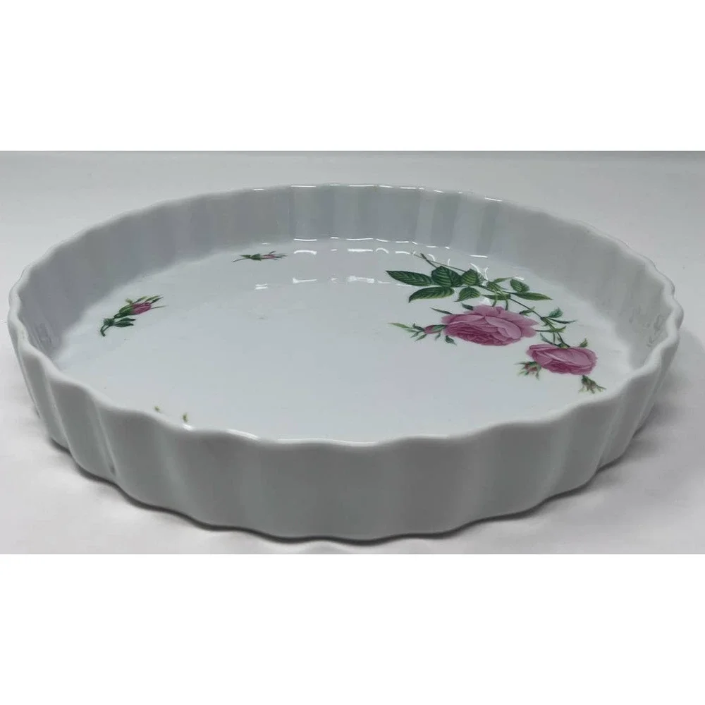 Christineholm Vintage Porcelain Rose Fluted Quiche Tart Dish Bakeware 1 1/2
